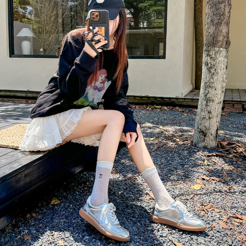 牛皮版银色德训鞋女2024新款韩版镂空透气软底休闲鞋复古百搭板鞋