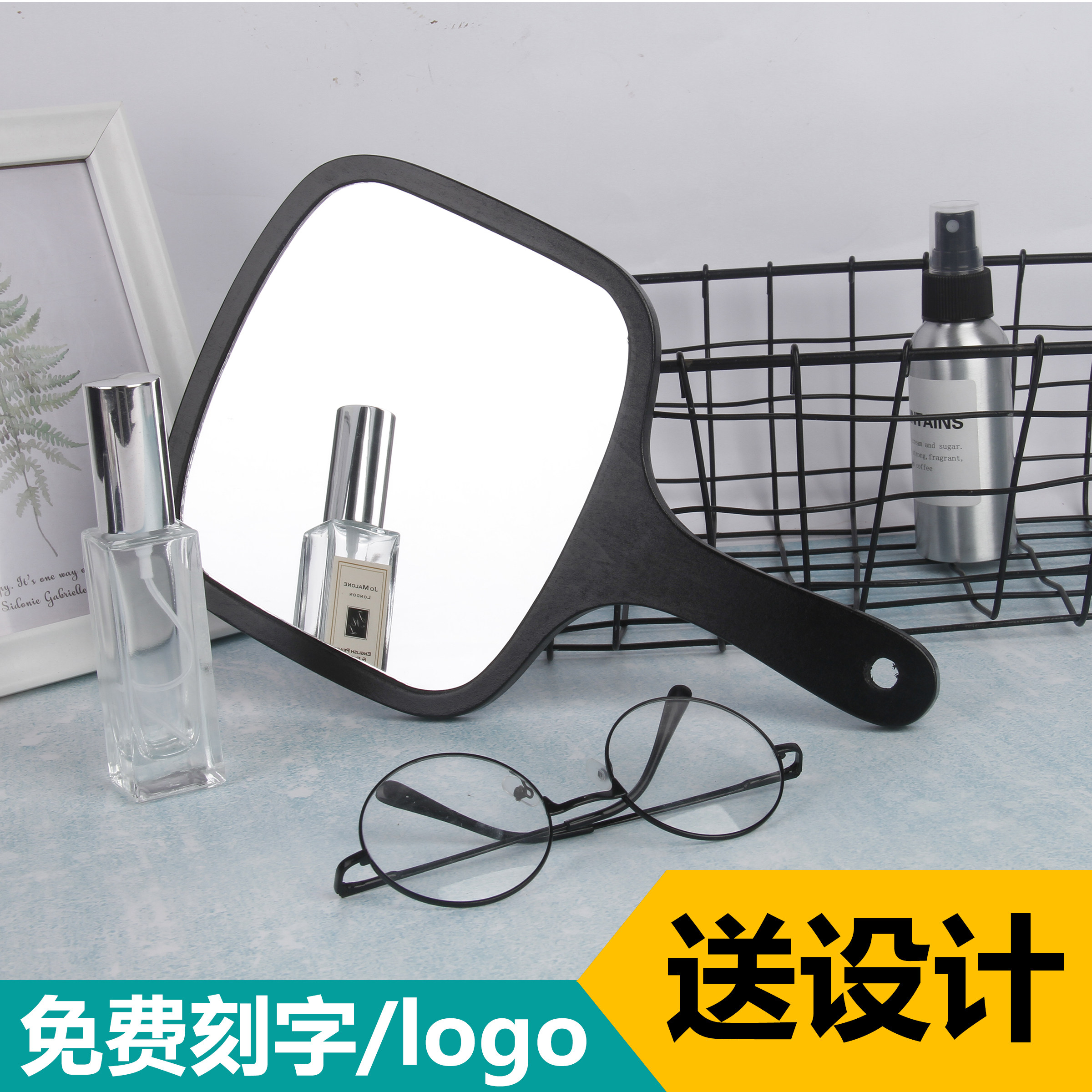 美容院专用化妆镜圆形手拿木质小镜子牙科绣纹镜便携高清手柄镜女