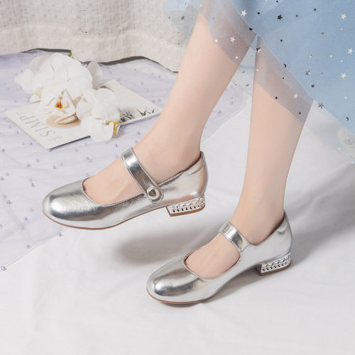女童皮鞋银色礼服鞋主持人演出高跟水晶鞋小女孩公主儿童单鞋春秋