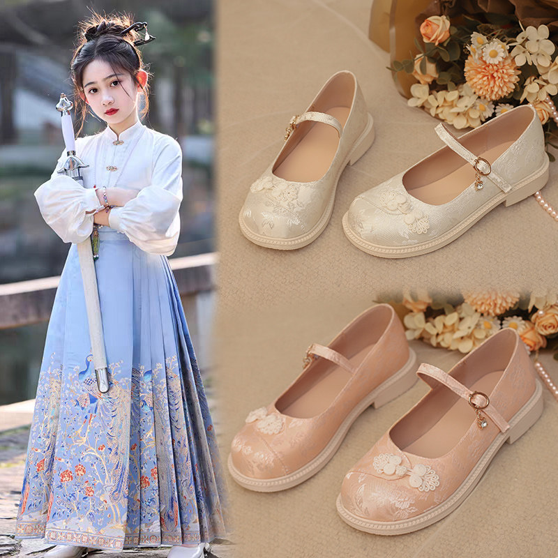 儿童马面裙童鞋国风女童绣花鞋古装鞋手工汉服鞋演出鞋平底古风鞋