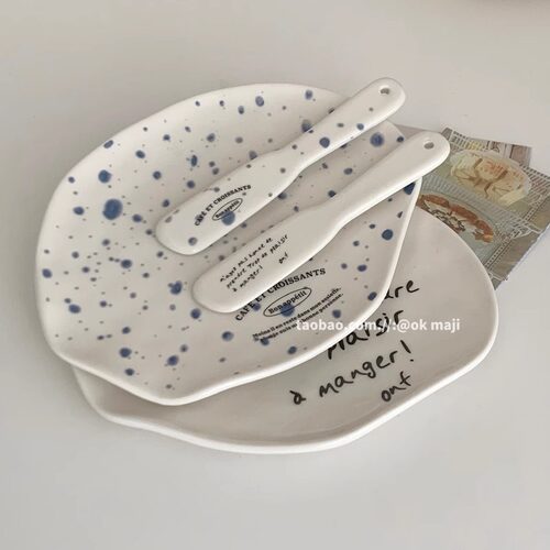ok maji韩国ins博主同款泼墨不规则陶瓷餐具甜品盘早餐点心蛋糕盘