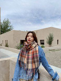 韩版彩色小格子冬季百搭民族风红色围脖女学生保暖加厚围巾长款