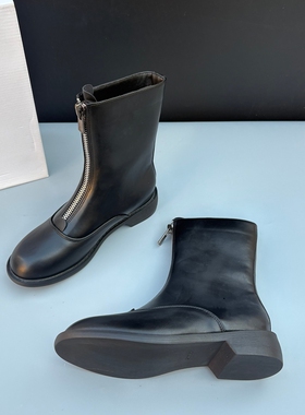 Z家同款极简风圆头短靴女前拉链百搭低跟马丁靴黑色冬季复古女靴