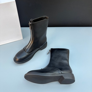 Z家同款极简风圆头短靴女前拉链百搭低跟马丁靴黑色冬季复古女靴