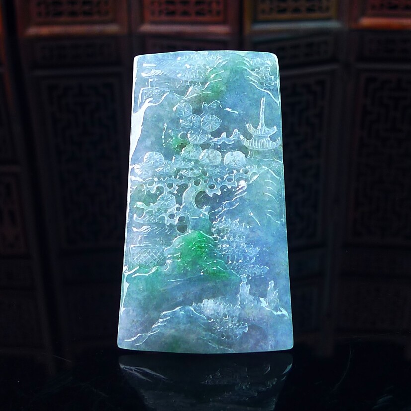 缅甸天然翡翠A货玉石 冰润春彩翡翠山水意境吊坠 有山有水有贵人