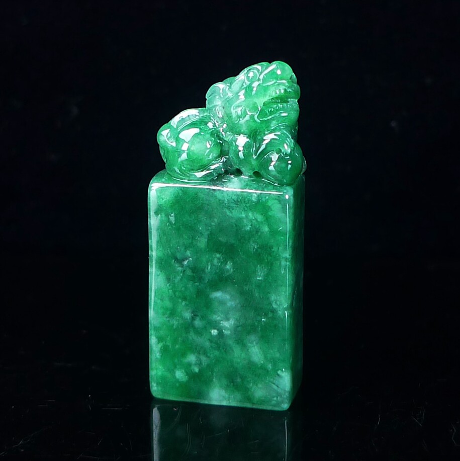 冰润满绿翡翠A货貔貅印章小摆件