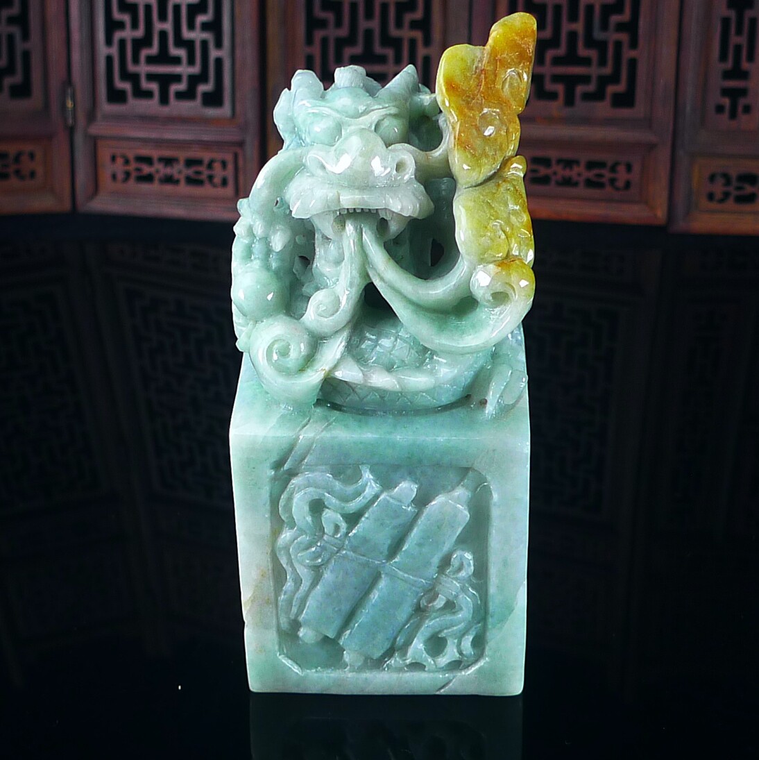 缅甸翡翠A货黄龙印章玉石镇纸 黄翡翠龙印章摆件 篆刻代刻字