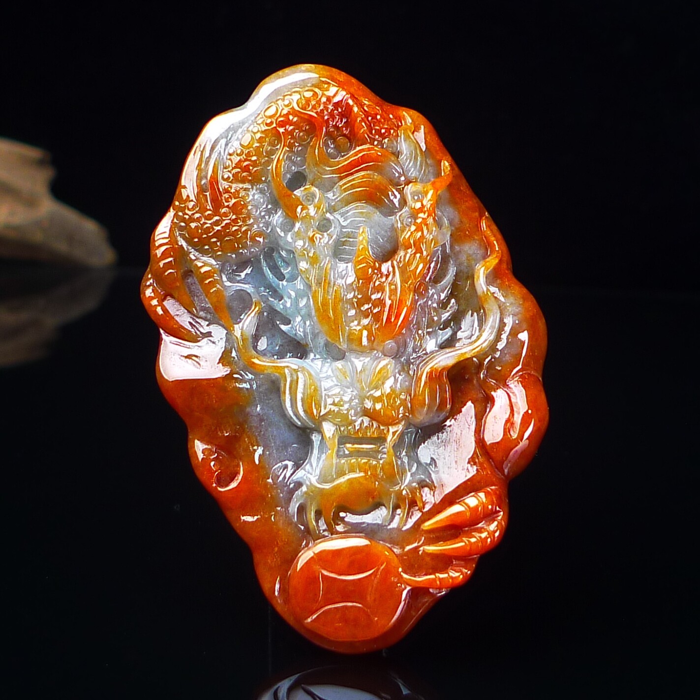 缅甸老坑翡翠A货红翡龙牌玉石挂件 冰红翡翠龙牌吊坠 龙游四海