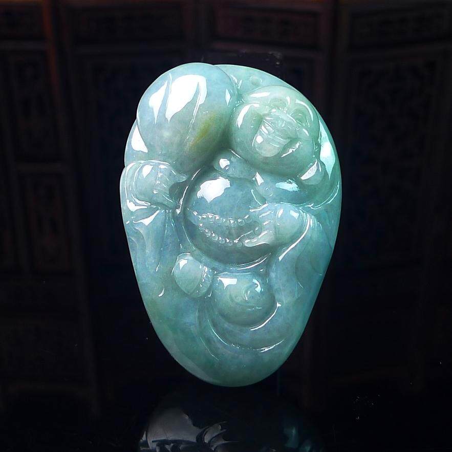 缅甸天然翡翠A货弥勒佛玉石玉器 浅绿翡翠布袋佛吊坠 代代有福