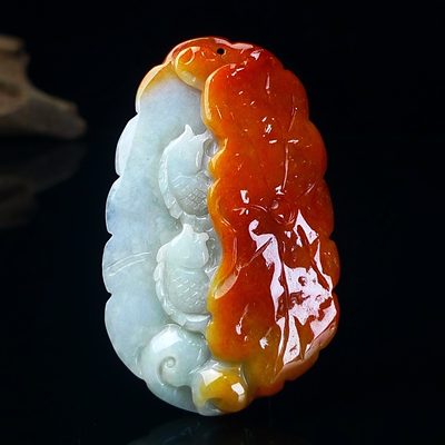 缅甸翡翠A货冰红翡玉石荷叶鱼