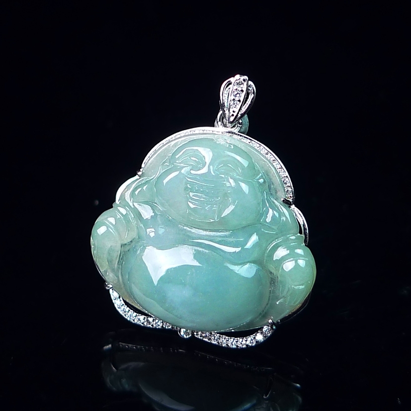 缅甸天然翡翠A货弥勒佛玉石挂件 冰润翡翠佛公精雕吊坠 925银