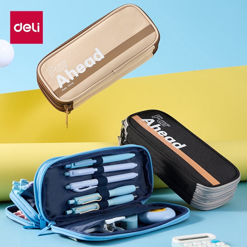 得力笔袋学生文具盒大容量多层收纳袋撞色铅笔盒三层拉链大号初中生高中生男女生新款牛津帆袋文具铅笔袋