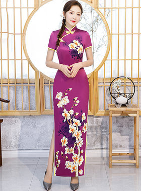 新品走秀旗袍长款演出服女显瘦优雅大码改良中老年妈妈旗袍裙