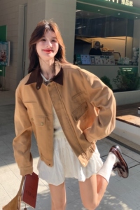 韩系复古拼色翻领外套女2025秋季新款设计感甜酷风休闲小个子夹克图片