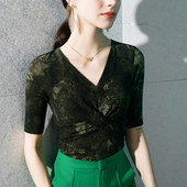 亮丝印花舞蹈上衣中袖 摩登舞训练服女春夏国标拉丁舞跳舞练功V领