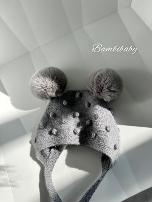 Bambibaby手织羊绒宝宝大毛球护耳帽（预手织）
