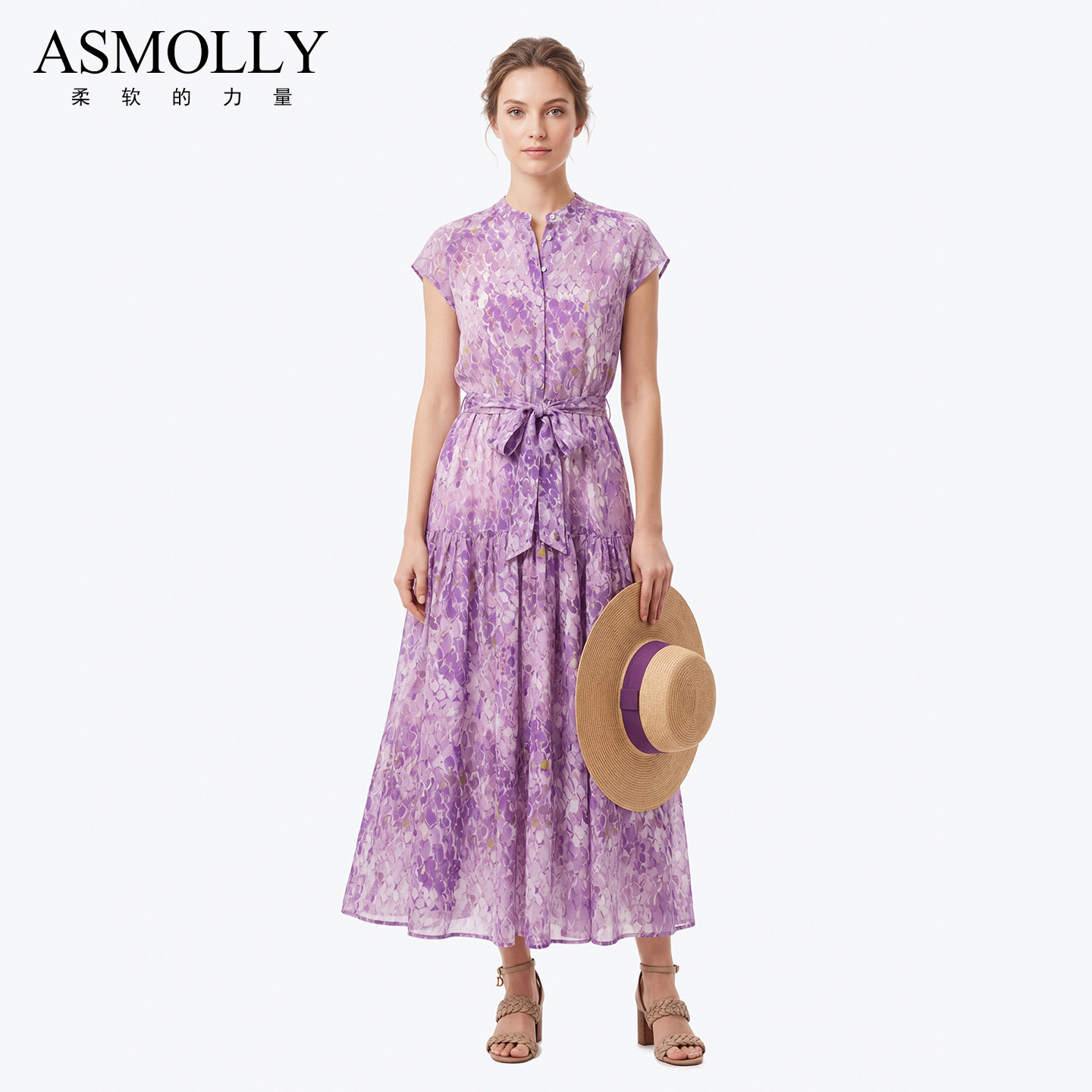 Asmolly夏紫色真丝桑蚕丝连衣裙