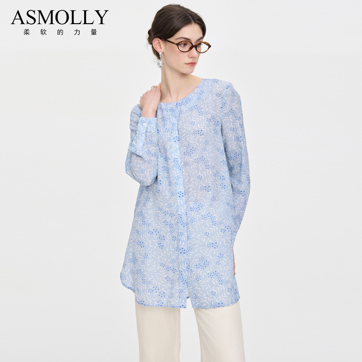 Asmolly女士桑蚕丝衬衫中长款舒适宽松真丝衬衣碎花上衣春夏