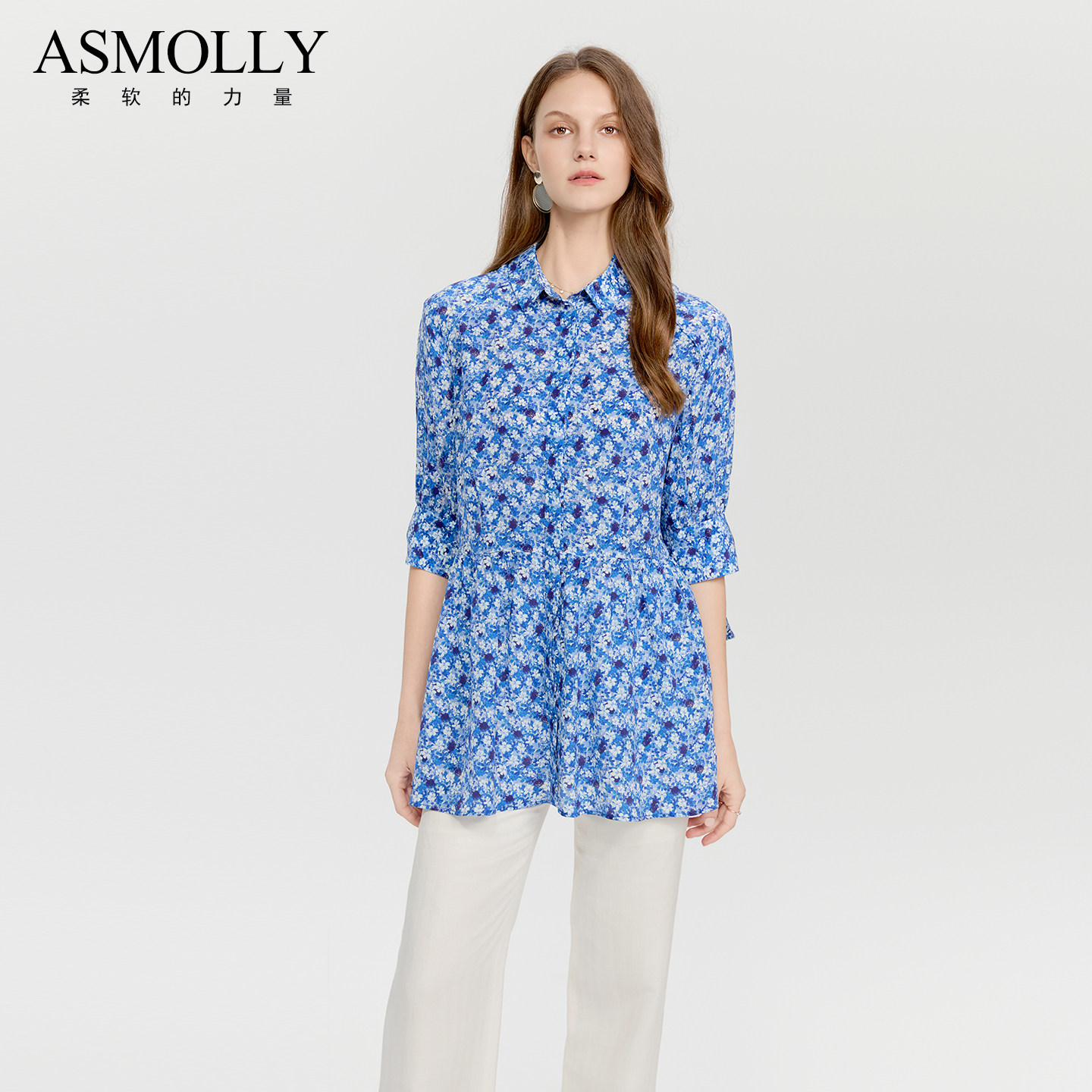 Asmolly春夏真丝衬衫气质蓝色优雅修身女印花桑蚕丝衬衣碎花上衣