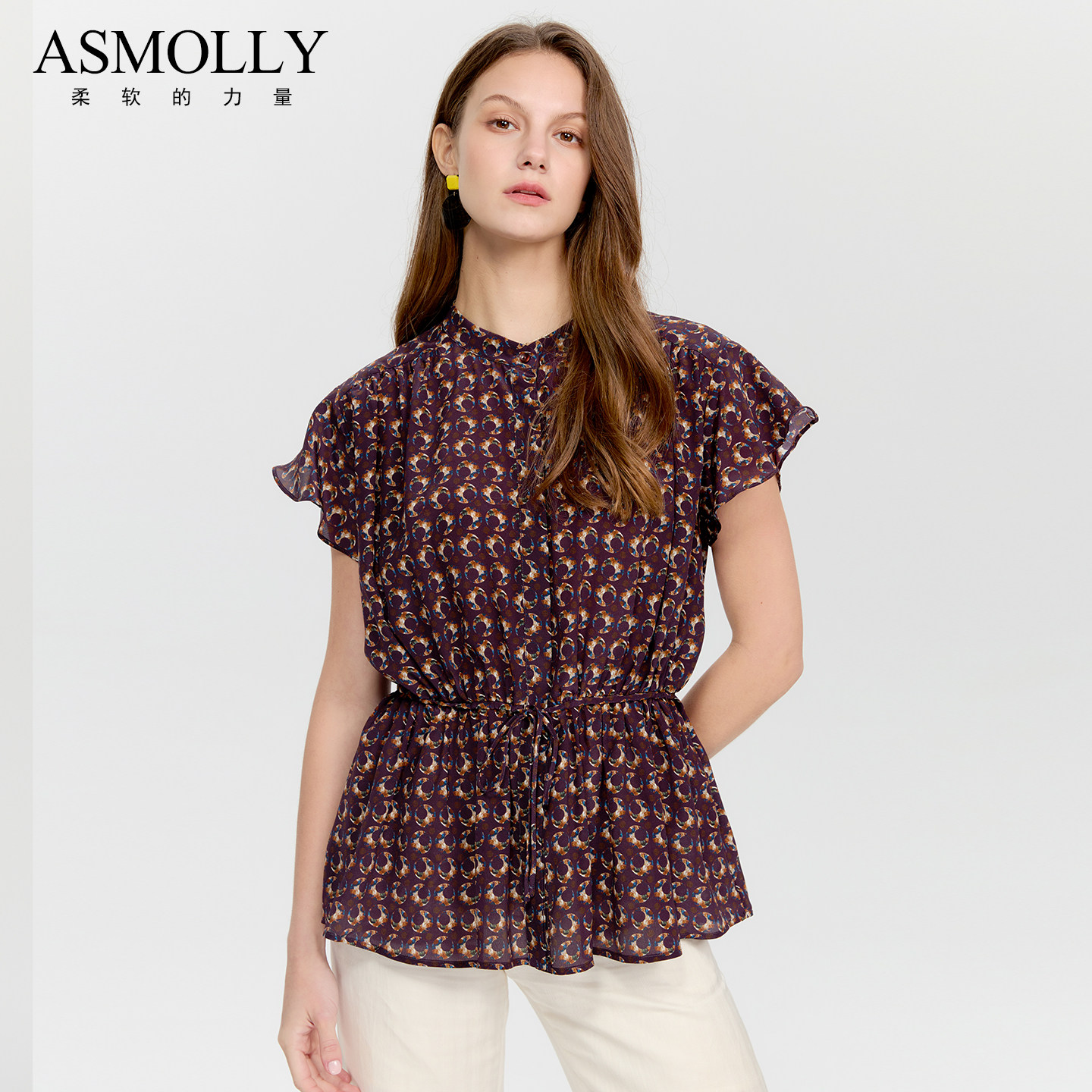 Asmolly时尚真丝碎花上衣女透气100%桑蚕丝衬衫咖啡色印花衬衣夏