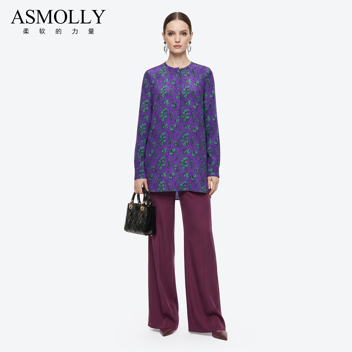 Asmolly100%桑蚕丝印花真丝衬衫