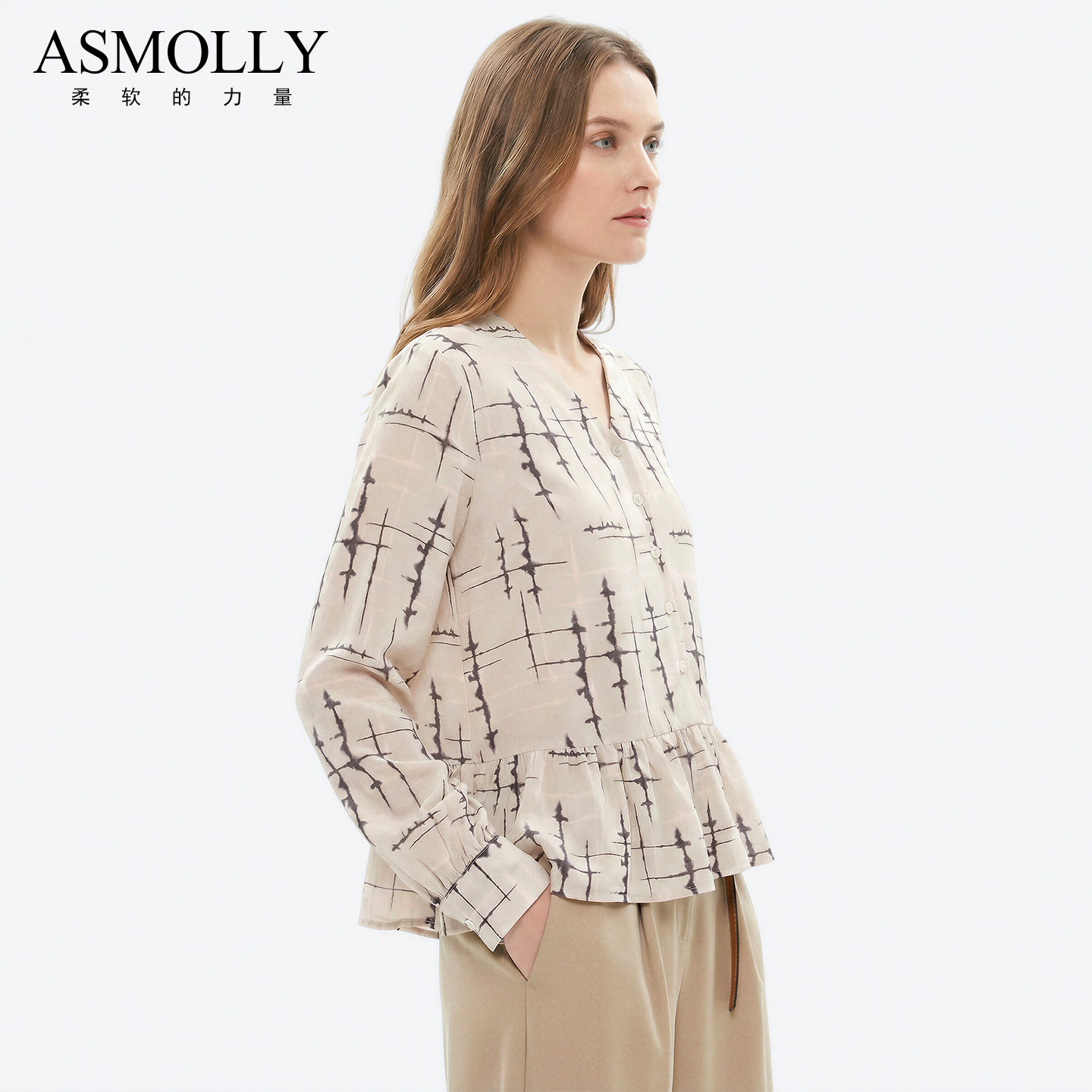 Asmolly100%桑蚕丝印花衬衫女