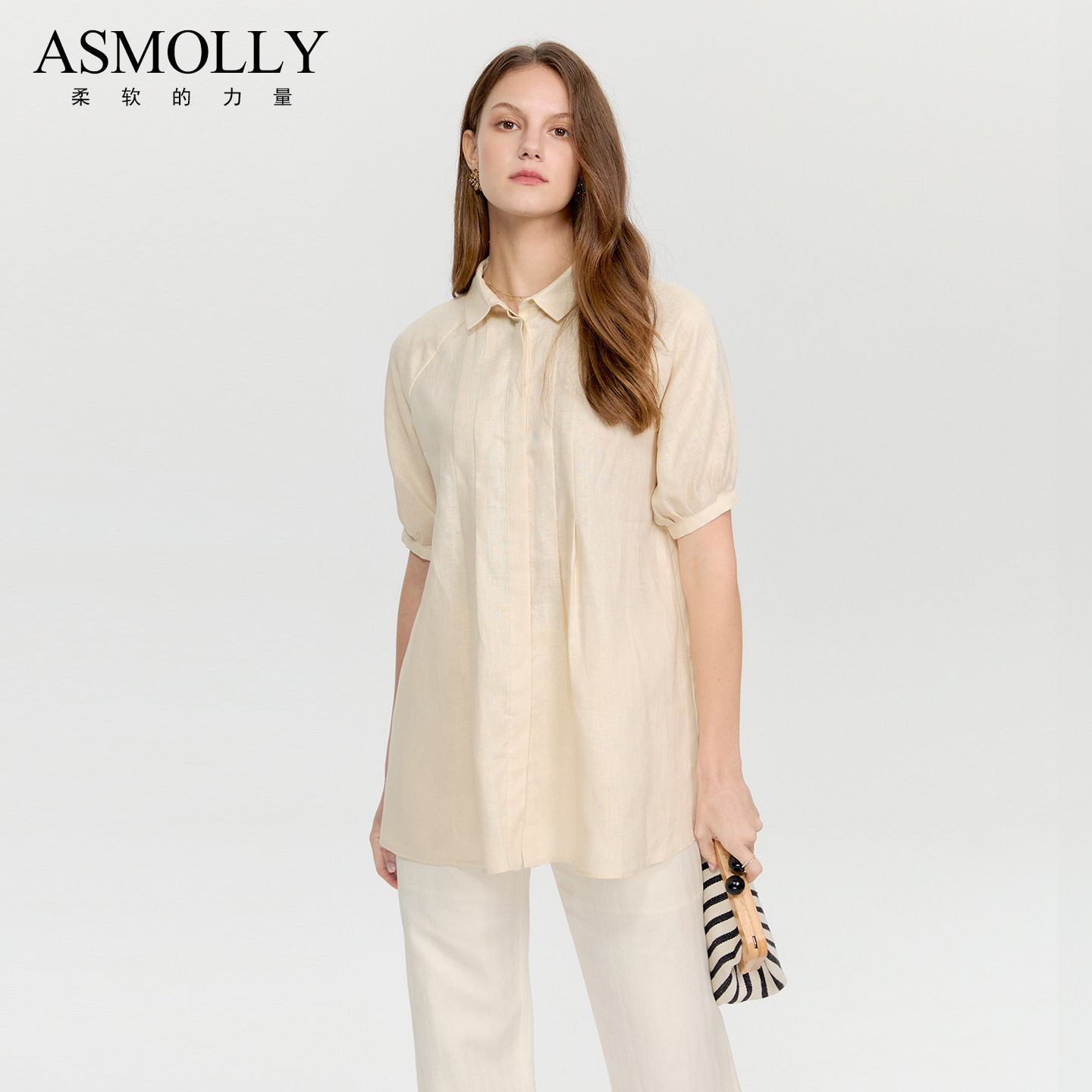 Asmolly夏季女装100%亚麻通勤百搭娃娃衫短袖宽松衬衫中长款