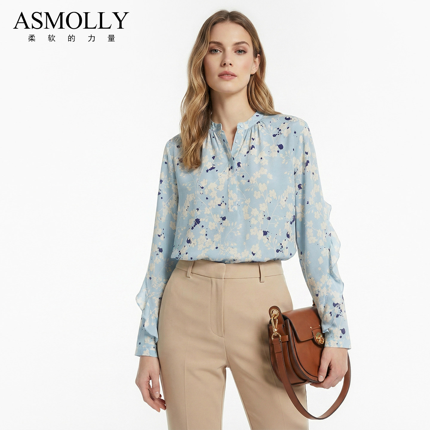 Asmolly春夏气质OL女士淡雅蓝色印花真丝衬衫桑蚕丝衬衣碎花上衣