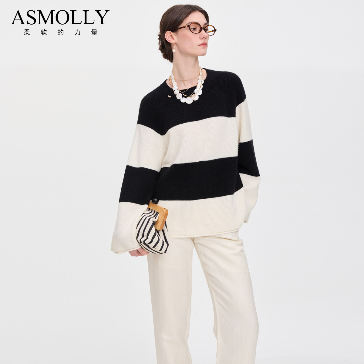 【100%山羊绒】Asmolly秋冬宽松简约打条纹厚山羊绒毛衣针织套衫