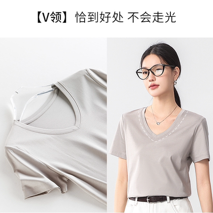 高品质正肩短袖t恤女夏季薄款上衣桑蚕丝丝光棉凉感T恤高级感百搭