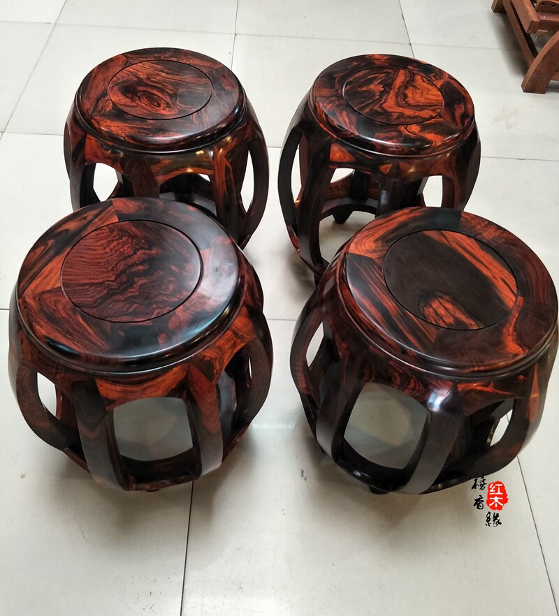 老挝大红酸枝全穿隼结构高鼓凳实木凳子红木椅子原木色鼓凳古筝凳