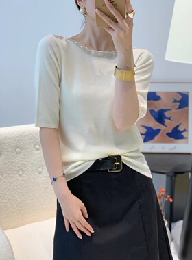 井美圆领短袖针织衫女2025中袖针织衫洋气感气质烫钻百搭简约上衣