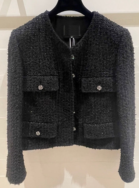 WAN.W工作室 手工定制 优雅黑色经典小香风外套女短款编织花呢