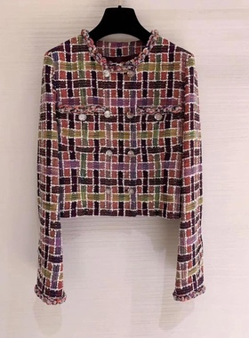 WAN·W工作室 手工高订23a粉紫色双排扣短款小香风外套花呢名媛女