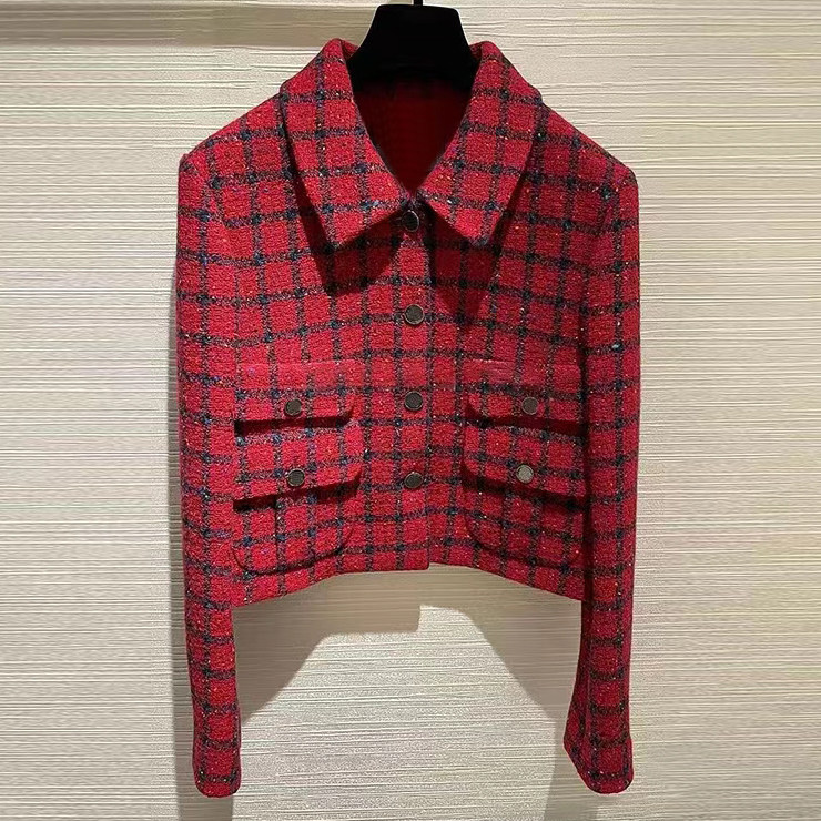 WAN.W工作室 手工定制 红色格子小香风外套女短款翻领粗花呢复古