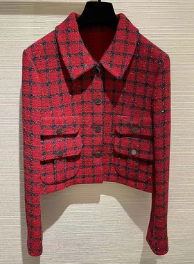WAN.W工作室 手工定制 红色格子小香风外套女短款翻领粗花呢复古