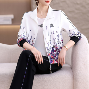 中老年妈妈春装运动服套装女2026新款时髦印花减龄洋气卫衣三件套
