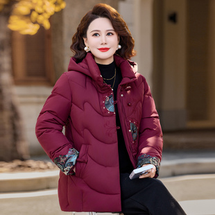加绒加厚棉服女款2025新款冬季连帽中长款妈妈装超好看冬装厚外套