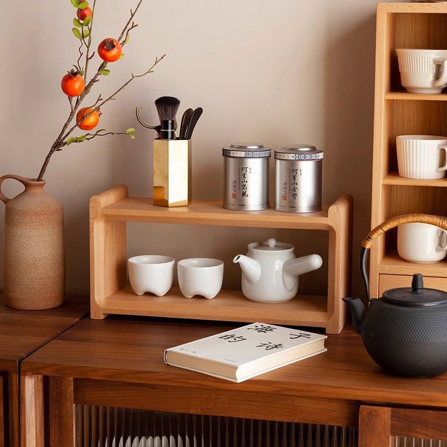 及木原创咖啡杯子茶具收纳新中式黑胡桃樱桃实木桌面置物架 QT025