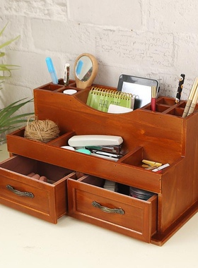 桌面收纳盒眉笔化妆品口红收纳办公桌文具家庭常用药品收纳木笔筒