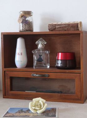 桌面实木质化妆品收纳盒复古简约香水展示架整理盒抽屉式柜置物架