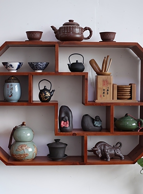 实木中式挂墙博古架置物壁挂茶具茶杯收纳展示架装饰壁饰木制墙上