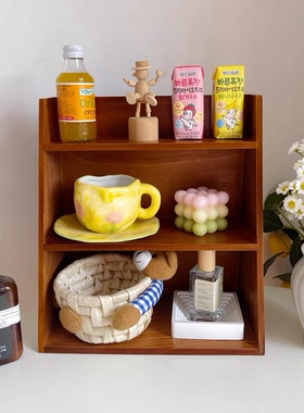 美式复古木质桌面收纳柜 宿舍卧室多层化妆品水杯杂物盲盒置物架
