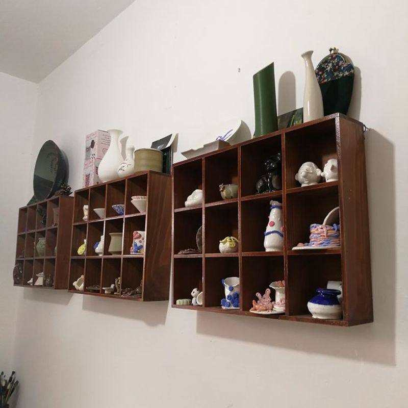 茶道实木搁板桌面杯子收纳木格茶具置物架墙面装饰壁挂创意格子架