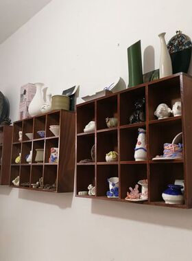 茶道实木搁板桌面杯子收纳木格茶具置物架墙面装饰壁挂创意格子架