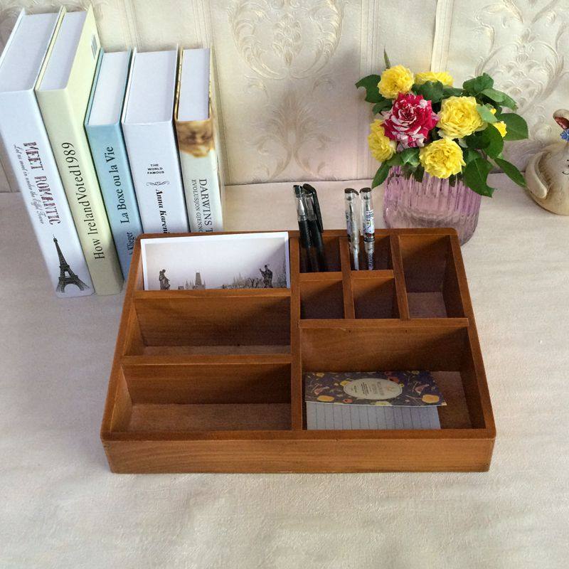 美甲工具收纳盒桌面格子收纳文具笔筒名片置物盒杂物整理木质托盘