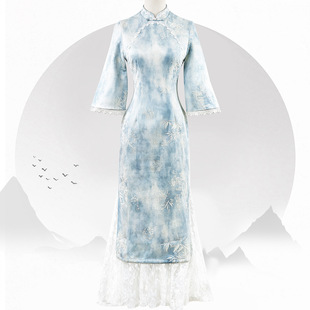 蓝色晕染竹叶提花旗袍2025新款改良年轻款长袖奥黛连衣裙女秋冬季