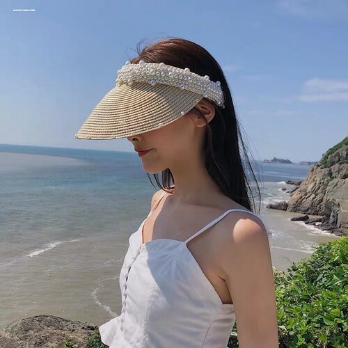 草编珍珠遮阳帽发箍空夏季