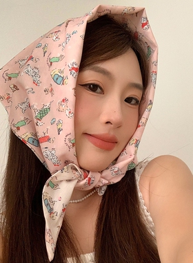 法式田园风头巾白色蕾丝三角巾头巾发带法式包头时尚拍照网红花朵