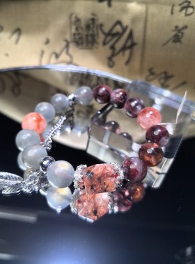 红泥闪灵牛血红胶花12mm灰爆闪海蓝宝天然石手串五福喜用火水手链